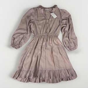 Sugarlips Poplin Midi Dress Womens XS Mauve Rayon Tie Front Pleated Ruffle‎ Hem